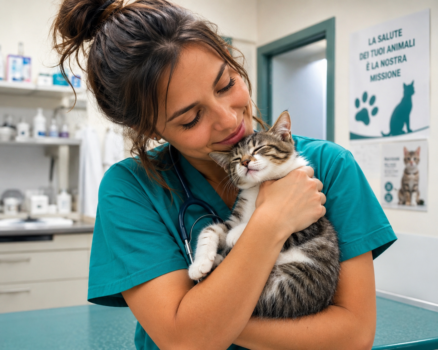 Veterinaria che abbraccia un gattino